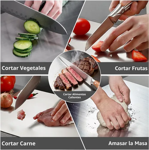 Vista 8 de Tablas de cortar grandes de acero inoxidable para cocina, tablas de cortar con alfombrilla antideslizante azul, tabla de cortar con borde