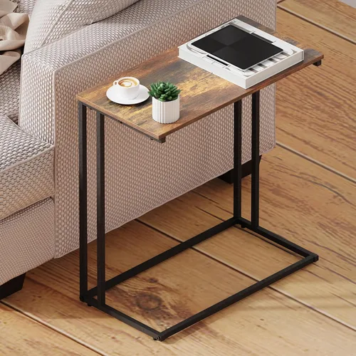 Vista 4 de Mesa auxiliar en forma de C con parte superior de madera marrón rústica, mesa auxiliar para sala de estar Slides Under Couch with Adjustable Feet
