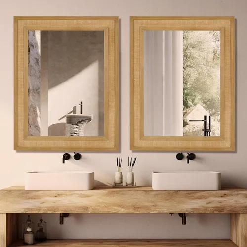 Vista 3 de WallBeyond Espejo de Pared de Ratán Rectangular, Espejo de Ratán de 32 X 44 Pulgadas con Marco de Madera para Decoración de Pared, Baño, Sala