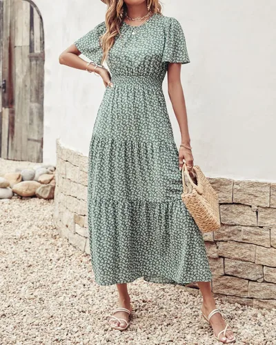 Vista 4 de Prettygarden - Vestido largo de manga corta con cuello redondo y cintura elástica fruncida para mujer, vestido de verano bohemio, floral