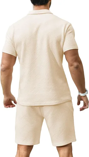 Vista 4 de KUYIGO Conjunto de camisa polo y pantalones cortos para hombre, trajes de verano a la moda, casual, de manga corta, traje de 2 piezas para hombre