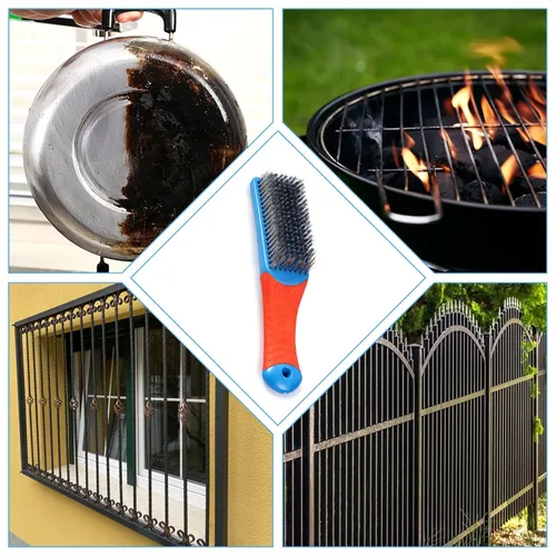 Vista 4 de 1 cepillo de acero azul de acero resistente al carbono y alambre de acero inoxidable Scratch Brush con mango ergonómico de goma