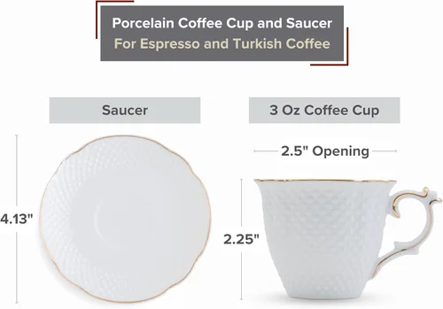 Vista 2 de Royal Porcelain Elegantes tazas y platillos de café expreso de porcelana blanca, 12 piezas, 3 onzas, mini taza con borde dorado, perfecto