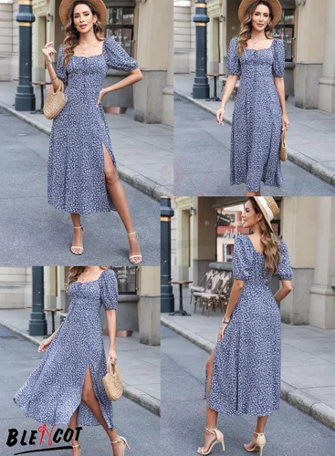 Vista 4 de BLENCOT Vestido casual de verano para mujer, cuello cuadrado, manga corta, con abertura en el muslo, estampado floral, bohemio, con lazo frontal