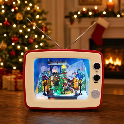 Vista 6 de MOMENTS IN TIME Decoración navideña de TV retro animada roja con luz LED, escena navideña con trineo de Papá Noel y obras de tren, 8 canciones