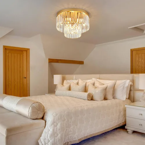 Vista 6 de Lámpara de Techo de Cristal Dorado de 17", 9 Luces, Accesorio de Iluminación de Cristal Moderno de 2 Niveles, Lámpara de Techo de Cristal K9 de Oro