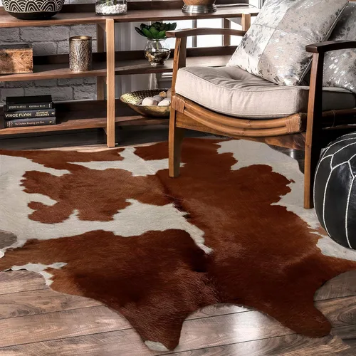 Vista 2 de URBAN BUCK Alfombra de piel de vaca marrón y blanca natural de alta calidad para decoración de dormitorio, 5 x 5 pies