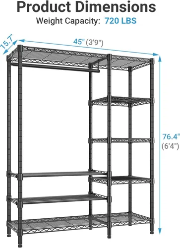 Vista 5 de VIPEK V7S Clothes Rack Heavy Duty Max Load 720lbs, Garment Rack with 7 Tiers Adjustable Shelves Portable Closet Metal Sturdy Wardrobe Storage System