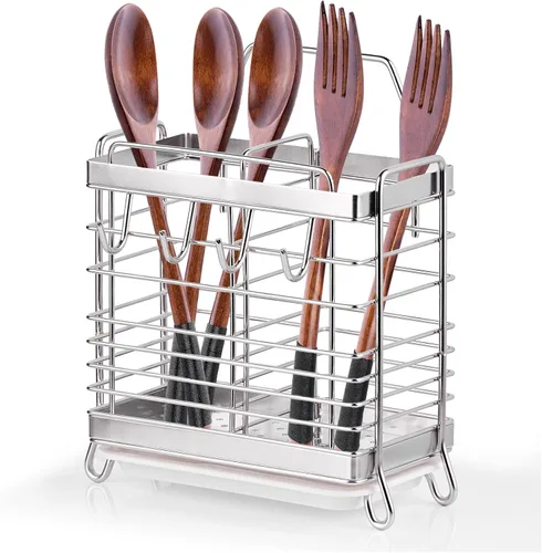 Vista 9 de Soporte para Utensilios, Escurridor de Utensilios de Acero Inoxidable con Bandeja de Drenaje, Cesta de Drenaje para Encimera de Cocina, Organizador