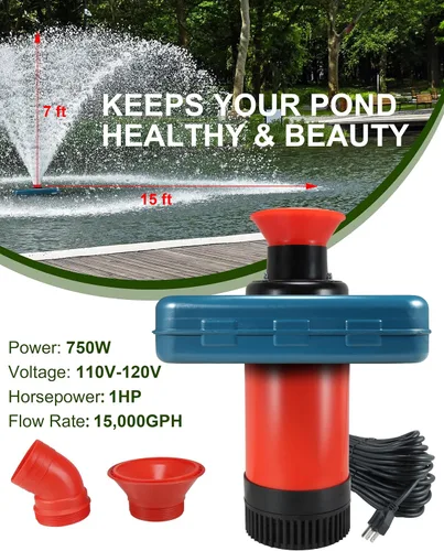 Vista 4 de Aireador de fuente de estanque 1HP, 750 W, 15000 GPH, 110 V-120 V, bomba de fuente de agua flotante con cable de alimentación de 100 pies, color Rojo