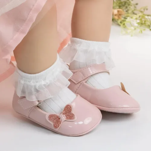 Vista 2 de Meckior Zapatos deportivos para bebé y niñas, suela suave, con lazo, princesa, vestido de boda, Mary Jane, planos, para recién nacidos, ligeros