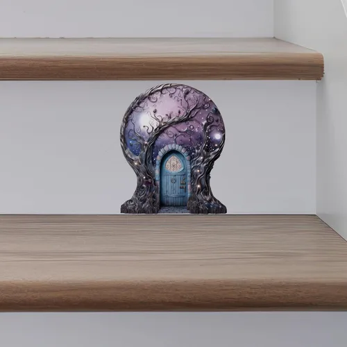 Vista 2 de Cielo de nebulosa estrellada con decoración de luna de casa de árbol, calcomanía de pared para puerta de hadas