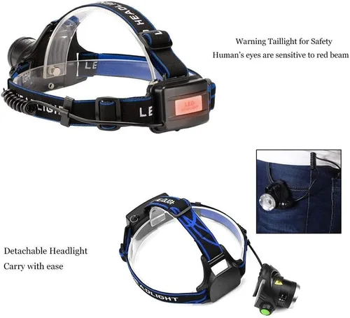 Vista 3 de Linterna frontal LED impermeable ultra brillante de 3000 lúmenes, 3 modos con pilas AAA, paquete de 2