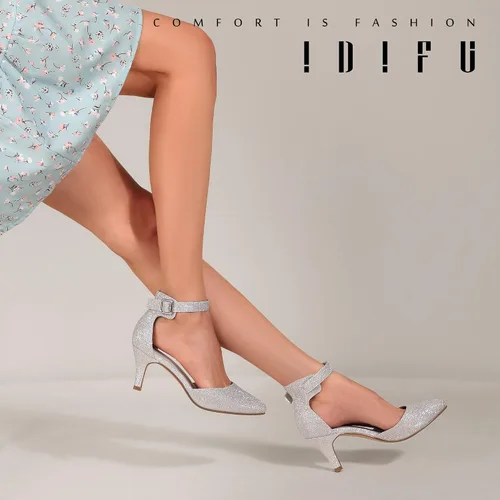 Vista 5 de IDIFU IN3 D'Orsay Zapatos de tacón bajo para mujer, zapatos de vestir puntiagudos con puntera cerrada, correa de tobillo para novia, elegante
