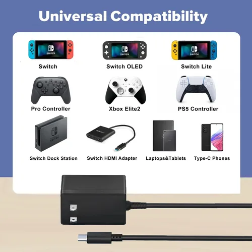 Vista 6 de Cargador para Nintendo SwitchSwitch LiteSwitch OLEDSteam Deck, adaptador de CA de 15 V2.6 A, cargador portátil de carga rápida con cable USB-C de 5