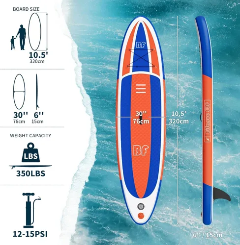 Vista 4 de Bifanuo Inflatable Stand Up Paddle Board with SUP Accessories & Backpack. Paddle Boards for Adults. Non-Slip Deck, Wide Stance, Bottom Fin, Double