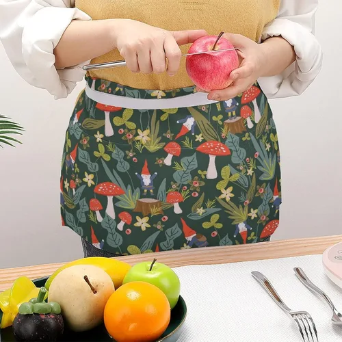 Vista 4 de Delantal de media cintura con patrón de hongos con 3 bolsillos para restaurante con correa larga, delantales a juego para mujeres y hombres