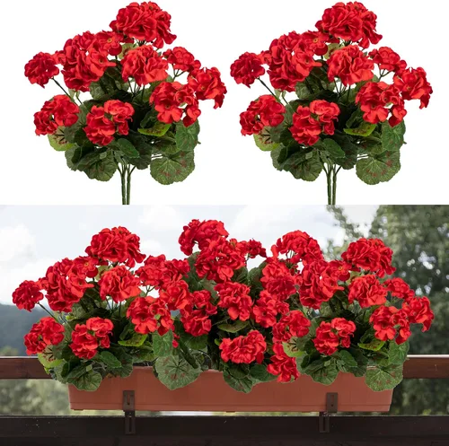 Vista 11 de 4 piezas de plantas falsas para decoración del hogar, flores artificiales, geranios artificiales, flores artificiales para exteriores, ramo de seda