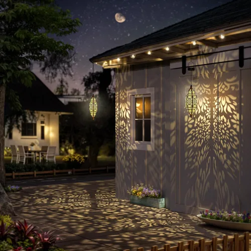 Vista 5 de Twinkya Paquete de 2 luces solares colgantes para jardín, farol solar decorativo para exteriores, impermeables, de metal, marroquí, decoraciones al