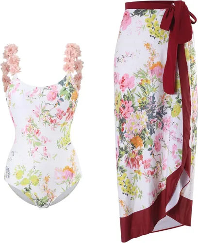 Vista 28 de Women Swimsuits Abstract Printing Notched Square/V Neck Floral Vacation One Piece with Cover Up