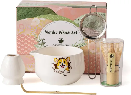 Vista 11 de Juego de matcha con patrón de perro, juego de batidor japonés de matcha incluye cuenco de matcha con boquilla, soporte para batidor, batidor