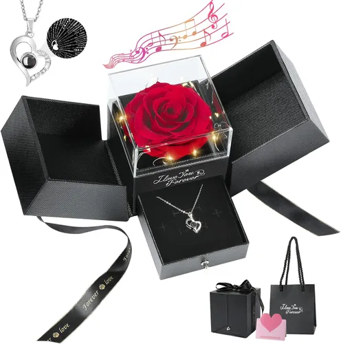 Vista 11 de Emibele - Regalos de rosa preservada para mujer, caja de rosa eterna con collar de corazón, regalos románticos con mensaje "te amo" para mujeres