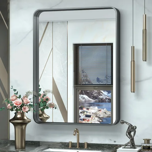 Vista 102 de TokeShimi Espejo de pared de baño de níquel cepillado de 20 x 30 pulgadas, marco de metal, esquina redonda, rectangular, para decoración del hogar
