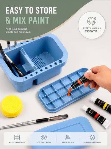 Vista 5 de DUGATO Limpiador de pinceles, lavadora, soporte y paleta 3 en 1, lavabo para artistas con tapa y esponjas para acrílico, acuarela, pintura al óleo