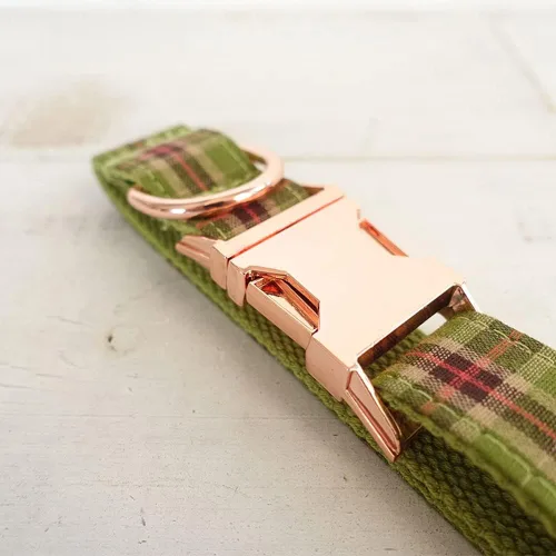 Vista 6 de PETDURO Collar de Perro a Cuadros Personalizado Verde Manzana - Nombre y Número de Teléfono Grabados en Hebilla de Metal Oro Rosa - Personalizado