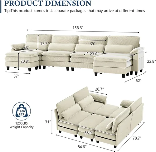 Vista 2 de Sofá de compresión modular moderno en forma de U – Sofá nube, asiento profundo de 156.3 pulgadas con 6 asientos con 2 otomanas, 4 cojines y funda