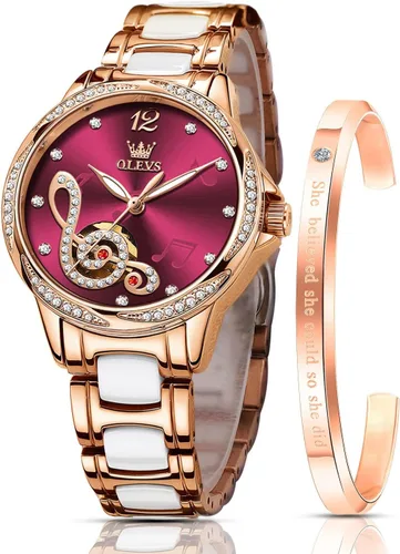 Vista 7 de OLEVS Relojes para mujer, mecánico automático, cuerda automática, oro rosa, reloj de mujer, vestido de diamante, pulsera de cerámica, impermeable