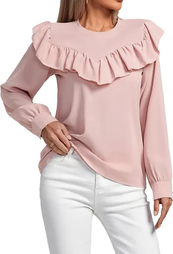 Vista 3 de LYANER Blusa de manga larga con cuello redondo y volantes para mujer