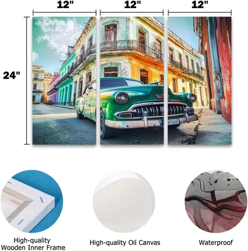 Vista 5 de 3 paneles de lienzo para pared, póster vintage con temporizador antiguo, conducción de coches, La Habana Vieja Cuba, impresión en lienzo, obras
