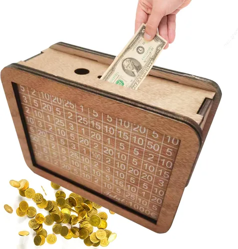 Vista 9 de Caja de dinero de madera, 6.7 x 4.9 x 2.8 in, caja de dinero con contador para no abrir caja de dinero para niños, objetivo de ahorro para niños