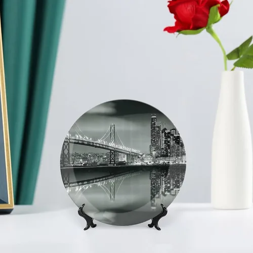 Vista 6 de Platos decorativos, adorno con estampado en blanco y negro, puente de la bahía de San Francisco, panorámica de Metrópolis, 8 pulgadas, 1 plato con 1