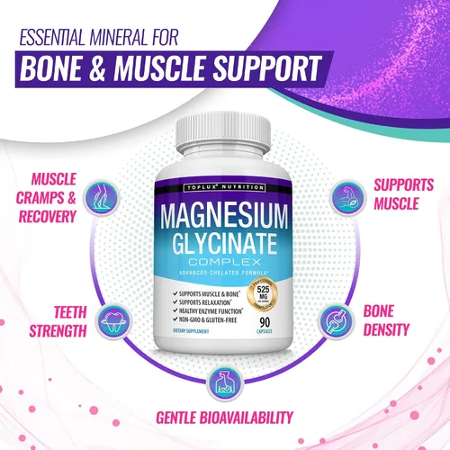 Vista 5 de Glicinato de magnesio 525 mg – Suplemento de magnesio quelado de alta absorción hecho con glicinato de magnesio puro – Apoya los músculos, sueño