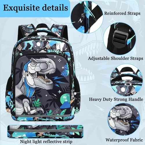 Vista 6 de CAMTOP Mochila infantil para escuela, niños y niñas, preescolar y primaria, Dinosaurio, Compacto