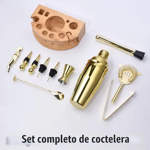 Vista 2 de Kit de Barman con elegante soporte de bambú, juego de coctelera de 12 piezas de 25 onzas para bebidas mixtas, juego de herramientas profesionales