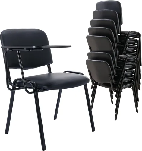 Vista 12 de HNY Juego de 5 sillas negras con brazo para tableta, cómodas de poliuretano, para oficina, sala de espera, apilables, sillas de recepción con mesa