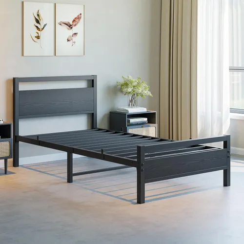 Vista 4 de BOFENG Marco de Cama Individual con Cabecera de Madera, Marco de Cama de Plataforma Individual de Metal Tamaño Individual Sin Somier Necesario Negro