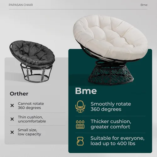 Vista 4 de Bme Silla Papasan ergonómica de mimbre de 40 pulgadas con cojín y marco suaves y gruesos, giro de 360°, círculo, lectura, silla cómoda para sala
