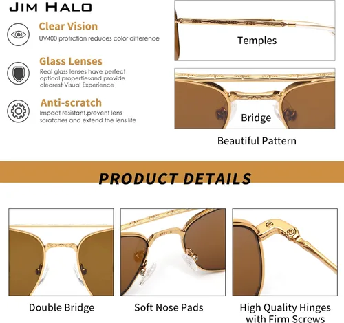 Vista 3 de JIM HALO Gafas de sol retro cuadradas estilo aviador con lente de cristal de alta calidad, gafas planas de metal para hombres y mujeres