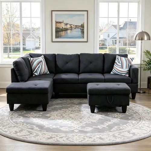 Vista 20 de Sofá modular de cuero en forma de L de 3 piezas – Sofá modular convertible con diván móvil y otomana de almacenamiento, uso multiescenario para sala