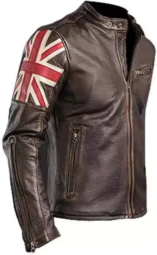 Vista 2 de Cafe Racer Vintage Reino Unido bandera marrón chaqueta de cuero vintage motocicleta retro moto