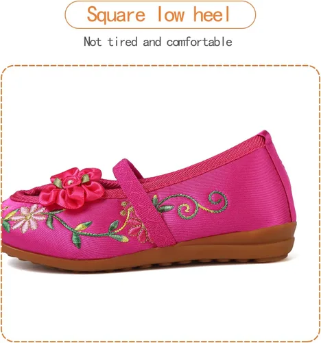 Vista 4 de Encanto - Zapatos de disfraz de Mary-Jane, zapatos planos de punta redonda, cuña baja, zapatos de ballet con bordado floral para niñas, Halloween