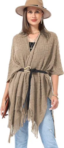 Vista 4 de Soul Young - Chal de punto para mujer, poncho con flecos y capa