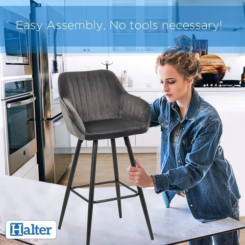 Vista 7 de Halter Taburete de bar con soporte trasero y reposapiés, taburetes de bar modernos tapizados para encimera de cocina, tela gris de felpa y marco