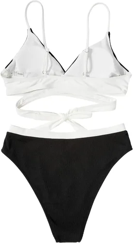Vista 4 de MOOSLOVER Conjunto de bikini cruzado acanalado para mujer, traje de baño de dos piezas de cintura alta