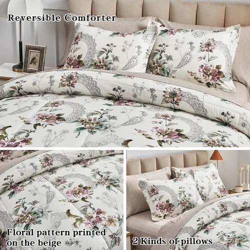 Vista 4 de Juego de edredón de 7 piezas tamaño Queen, diseño floral beige, de microfibra suave, para todas las estaciones