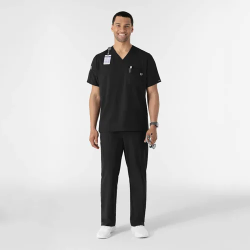 Vista 5 de WonderWink W123 6355 - Camiseta de manga corta para hombre Camiseta médica con cuello en V de 4 bolsillos, hecha para funcionar, ajustar, tela Negro